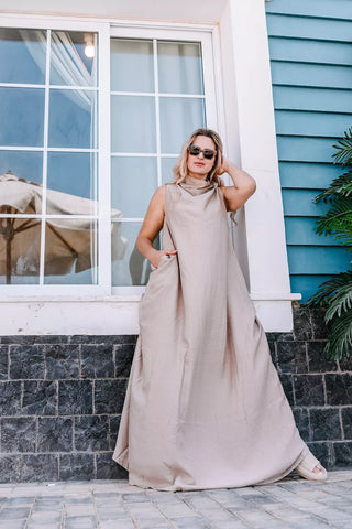 Ruched Maxi Linen Dress  Reversible Sleeveless Linen Dress with Front/Back Adjustable Tie – Beige, Navy, Black, Brown