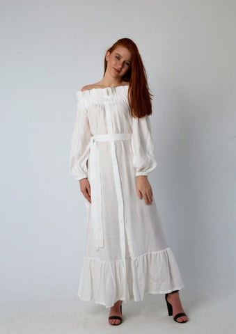 Off-Shoulder Linen Dress with Full Button Closure & Belt – White & Black
