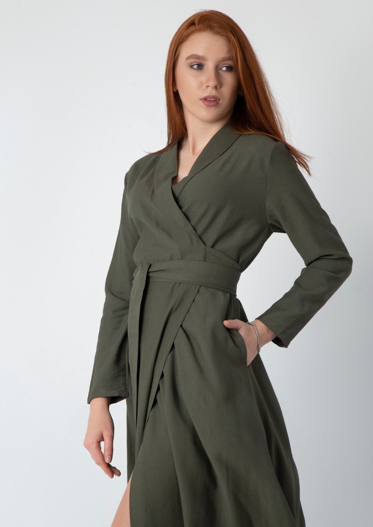 Linen Dress with Side Pockets, Detachable Belt & Chest Lapel – White & Khaki