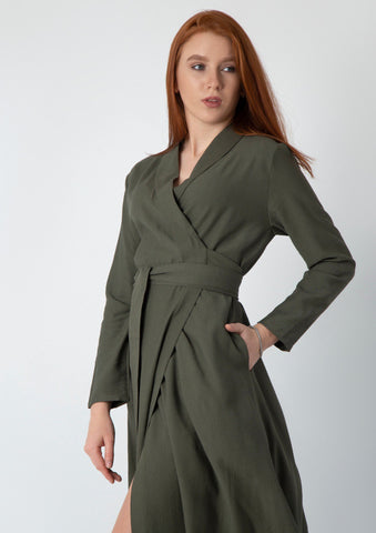 Linen Dress with Side Pockets, Detachable Belt & Chest Lapel – White & Khaki