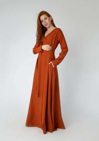 Wrap-Top Linen Maxi Dress with Double Flared Skirt & Wide Belt – 7 Elegant Colors