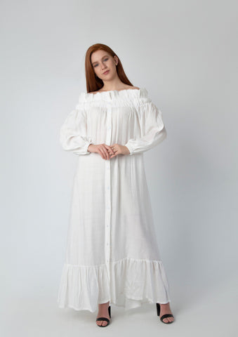 Off-Shoulder Linen Dress with Full Button Closure & Belt – White & Black