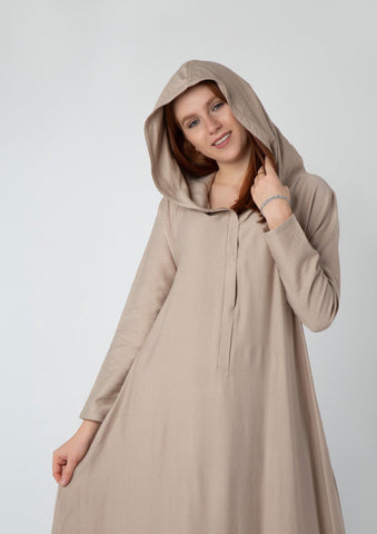Linen Kaftan with Hood & Long Sleeves – Available from Small to 3XL