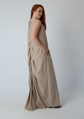 Ruched Maxi Linen Dress  Reversible Sleeveless Linen Dress with Front/Back Adjustable Tie – Beige, Navy, Black, Brown