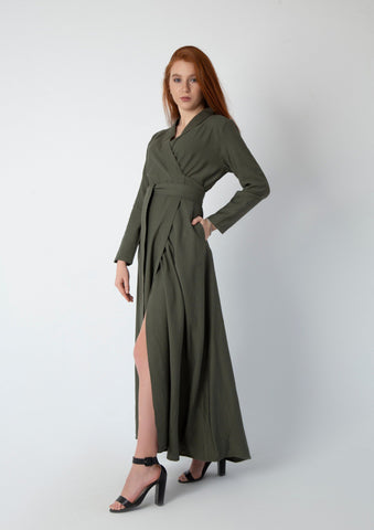 Linen Dress with Side Pockets, Detachable Belt & Chest Lapel – White & Khaki