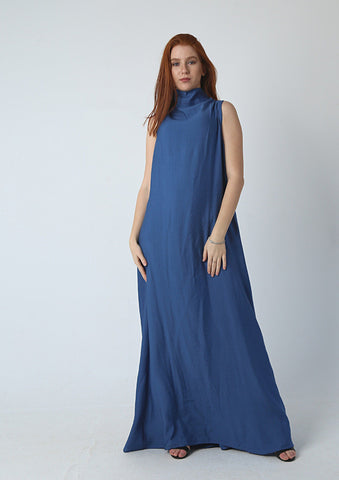 Ruched Maxi Linen Dress  Reversible Sleeveless Linen Dress with Front/Back Adjustable Tie – Beige, Navy, Black, Brown