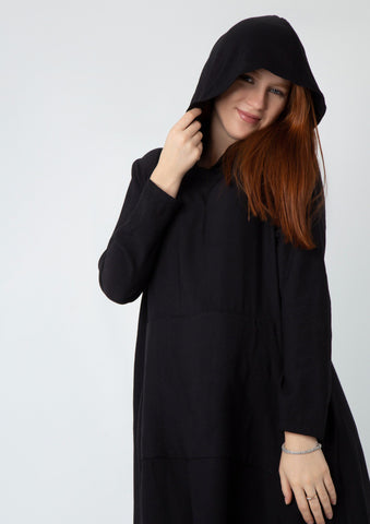 Linen Kaftan with Hoodie & Sweatshirt Pockets – Chic, Lightweight & Practical | Black & Beige