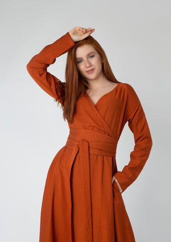 Wrap-Top Linen Maxi Dress with Double Flared Skirt & Wide Belt – 7 Elegant Colors