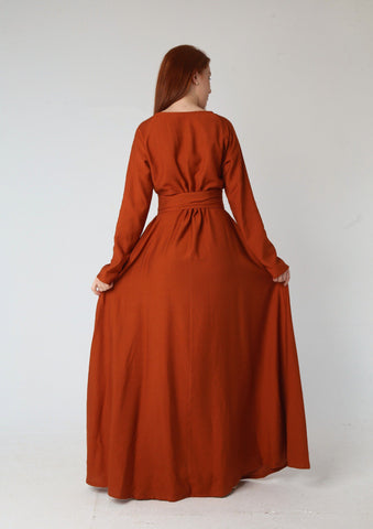 Wrap-Top Linen Maxi Dress with Double Flared Skirt & Wide Belt – 7 Elegant Colors