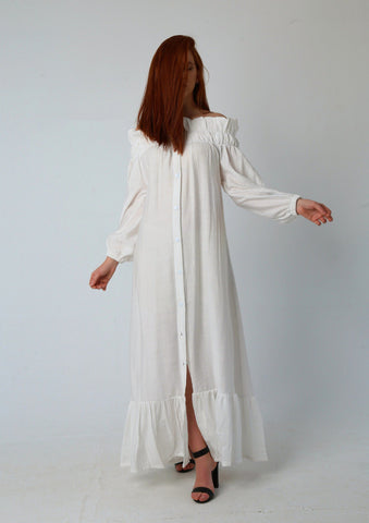 Off-Shoulder Linen Dress with Full Button Closure & Belt – White & Black