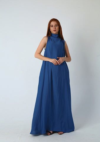 Ruched Maxi Linen Dress  Reversible Sleeveless Linen Dress with Front/Back Adjustable Tie – Beige, Navy, Black, Brown