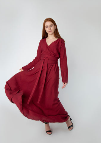 Wrap-Style Linen Dress with Wide Belt & Side Pockets – Loose Fit with Full Sleeves