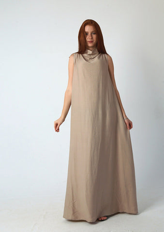 Ruched Maxi Linen Dress  Reversible Sleeveless Linen Dress with Front/Back Adjustable Tie – Beige, Navy, Black, Brown