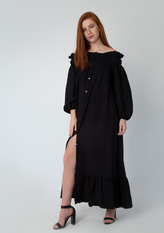 Off-Shoulder Linen Dress with Full Button Closure & Belt – White & Black