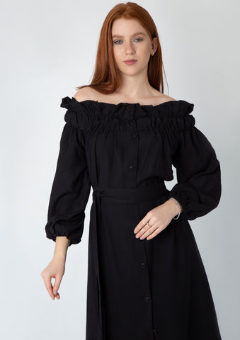 Off-Shoulder Linen Dress with Full Button Closure & Belt – White & Black