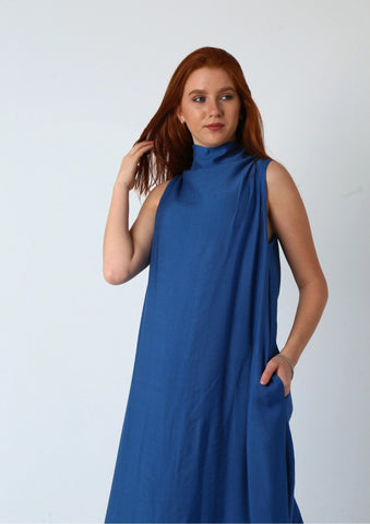 Ruched Maxi Linen Dress  Reversible Sleeveless Linen Dress with Front/Back Adjustable Tie – Beige, Navy, Black, Brown