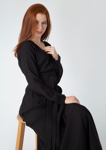 Wrap-Style Linen Dress with Wide Belt & Side Pockets – Loose Fit with Full Sleeves