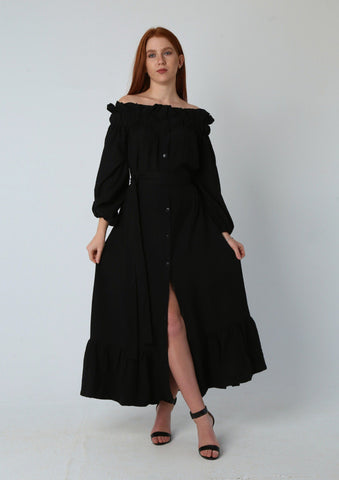 Off-Shoulder Linen Dress with Full Button Closure & Belt – White & Black