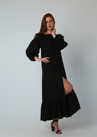 Off-Shoulder Linen Dress with Full Button Closure & Belt – White & Black