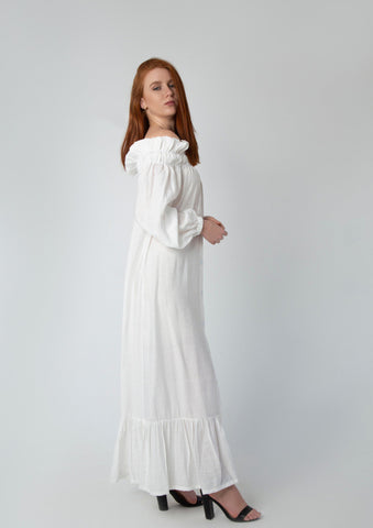 Off-Shoulder Linen Dress with Full Button Closure & Belt – White & Black