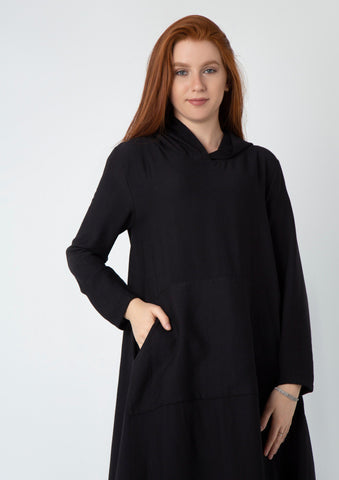 Linen Kaftan with Hoodie & Sweatshirt Pockets – Chic, Lightweight & Practical | Black & Beige