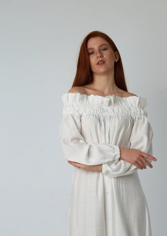 Off-Shoulder Linen Dress with Full Button Closure & Belt – White & Black