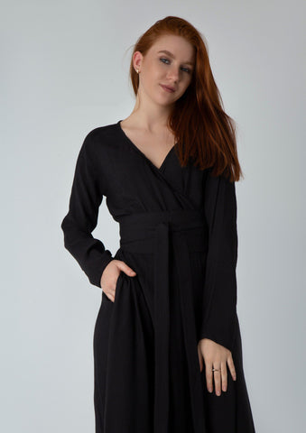 Wrap-Top Linen Maxi Dress with Double Flared Skirt & Wide Belt – 7 Elegant Colors