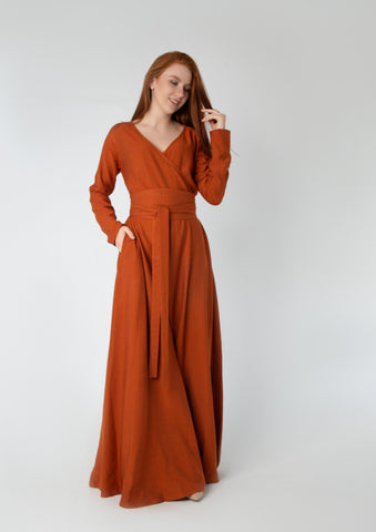 Wrap-Top Linen Maxi Dress with Double Flared Skirt & Wide Belt – 7 Elegant Colors