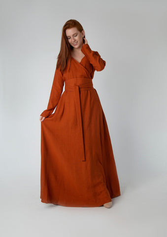 Wrap-Style Linen Dress with Wide Belt & Side Pockets – Loose Fit with Full Sleeves