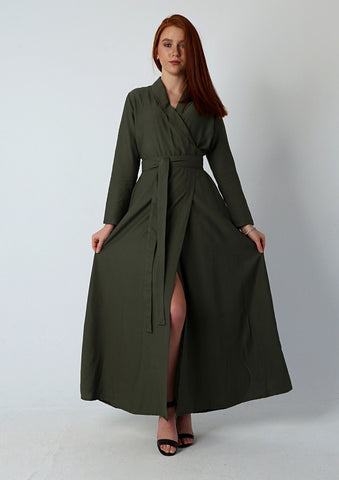 Linen Dress with Side Pockets, Detachable Belt & Chest Lapel – White & Khaki