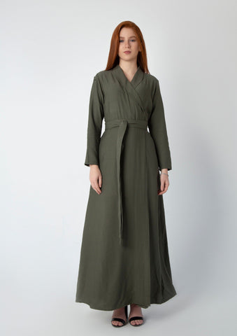 Linen Dress with Side Pockets, Detachable Belt & Chest Lapel – White & Khaki