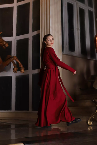 Wrap-Top Linen Maxi Dress with Double Flared Skirt & Wide Belt – 7 Elegant Colors