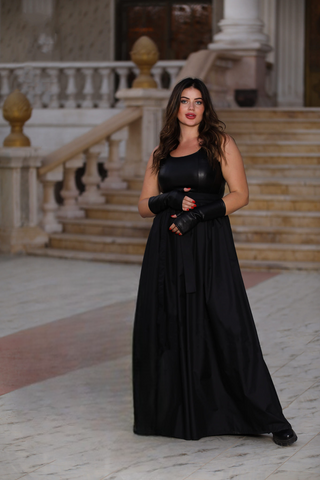 Padded Leather Dress with Velvet Lining + Wide Belt – With Optional Matching Gloves