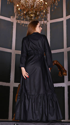 Varna Fabric Long Dress with Side Pockets, Metal Zipper & Inner Waist Tie – Black & Olive