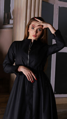 Varna Fabric Long Dress with Side Pockets, Metal Zipper & Inner Waist Tie – Black & Olive