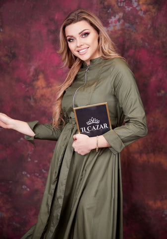 Varna Fabric Long Dress with Side Pockets, Metal Zipper & Inner Waist Tie – Black & Olive