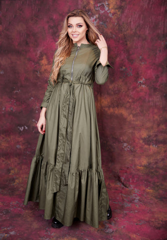 Varna Fabric Long Dress with Side Pockets, Metal Zipper & Inner Waist Tie – Black & Olive