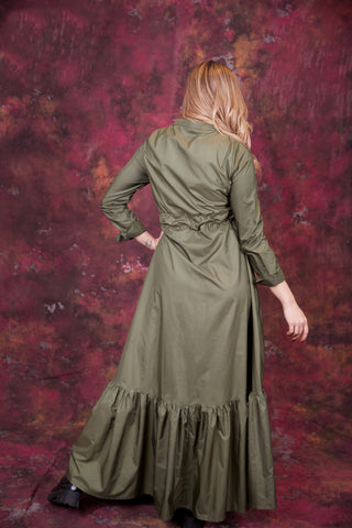 Varna Fabric Long Dress with Side Pockets, Metal Zipper & Inner Waist Tie – Black & Olive