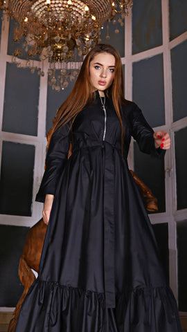 Varna Fabric Long Dress with Side Pockets, Metal Zipper & Inner Waist Tie – Black & Olive