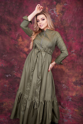 Varna Fabric Long Dress with Side Pockets, Metal Zipper & Inner Waist Tie – Black & Olive