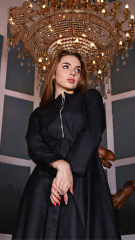 Varna Fabric Long Dress with Side Pockets, Metal Zipper & Inner Waist Tie – Black & Olive