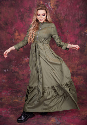 Varna Fabric Long Dress with Side Pockets, Metal Zipper & Inner Waist Tie – Black & Olive