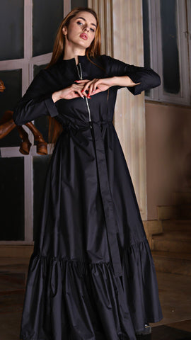 Varna Fabric Long Dress with Side Pockets, Metal Zipper & Inner Waist Tie – Black & Olive