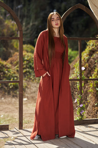 Dark Orange set | Cardigan & Basic Maxi DressTwo-Piece Linen Set – Flowy Dress with Side Pockets & Dark Orange or Havana Cardigan