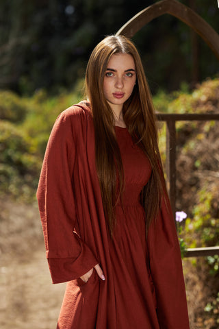 Dark Orange set | Cardigan & Basic Maxi DressTwo-Piece Linen Set – Flowy Dress with Side Pockets & Dark Orange or Havana Cardigan