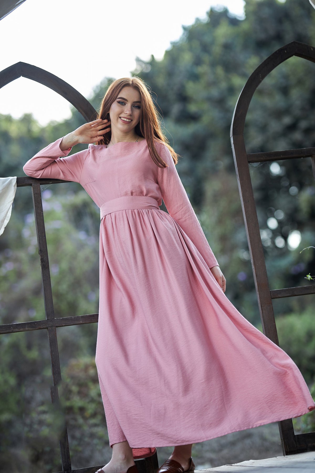 Long sleeve linen dress with separate belt  | Linen Dress with Side Pockets & Detachable Belt – Pink & Beige