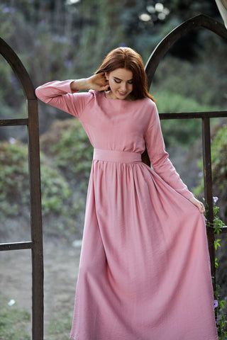 Long sleeve linen dress with separate belt  | Linen Dress with Side Pockets & Detachable Belt – Pink & Beige
