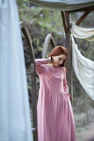 Long sleeve linen dress with separate belt  | Linen Dress with Side Pockets & Detachable Belt – Pink & Beige