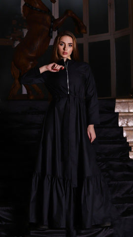 Varna Fabric Long Dress with Side Pockets, Metal Zipper & Inner Waist Tie – Black & Olive