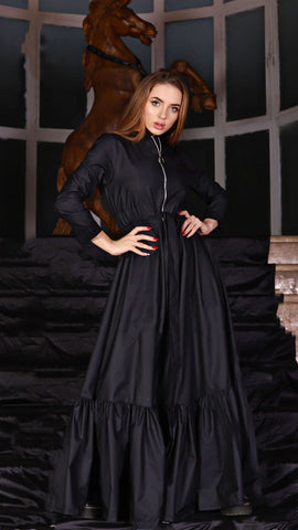 Varna Fabric Long Dress with Side Pockets, Metal Zipper & Inner Waist Tie – Black & Olive